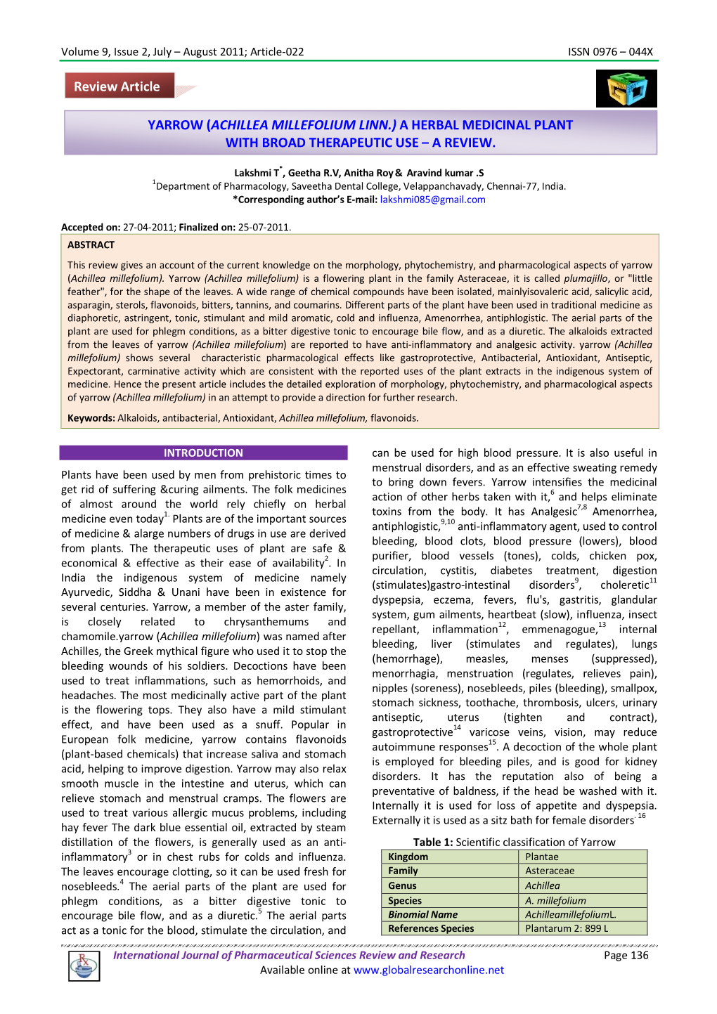 Yarrow (Achillea Millefolium Linn.) a Herbal Medicinal Plant with Broad Therapeutic Use – a Review