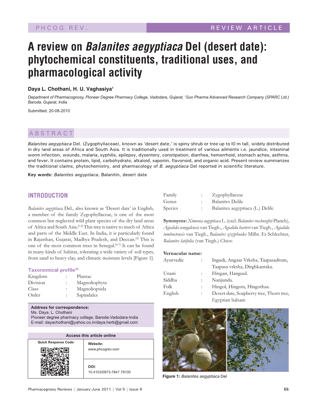 A Review on Balanites Aegyptiaca Del (Desert Date): Phytochemical Constituents, Traditional Uses, and Pharmacological Activity