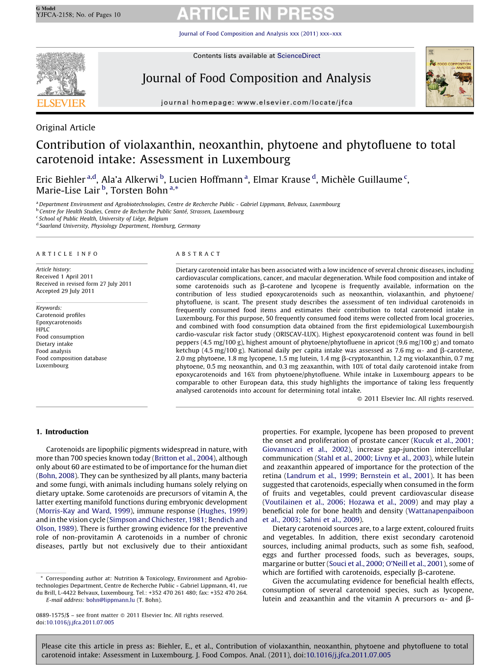 Contribution of Violaxanthin, Neoxanthin, Phytoene and Phytoﬂuene to Total