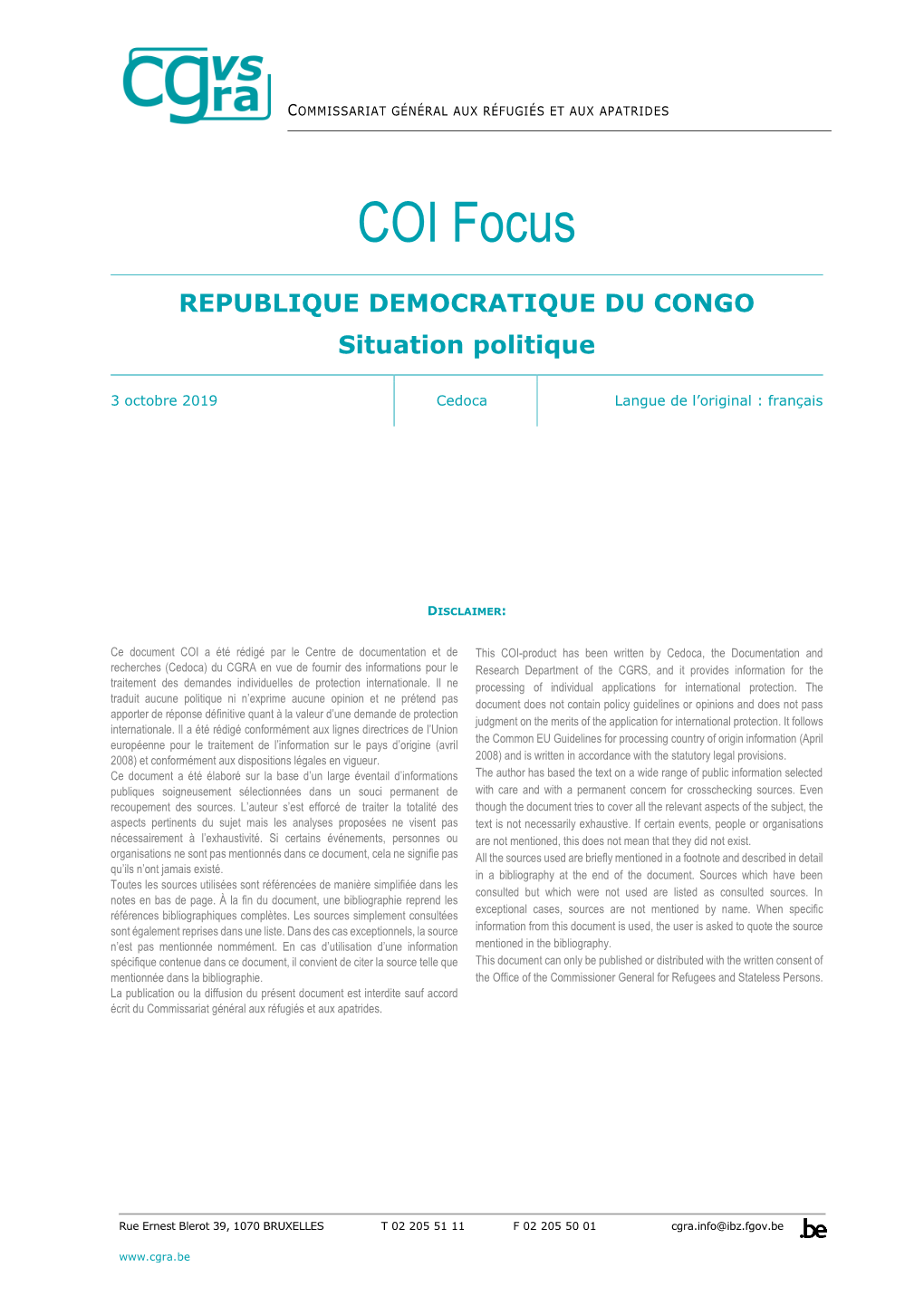 REPUBLIQUE DEMOCRATIQUE DU CONGO Situation Politique