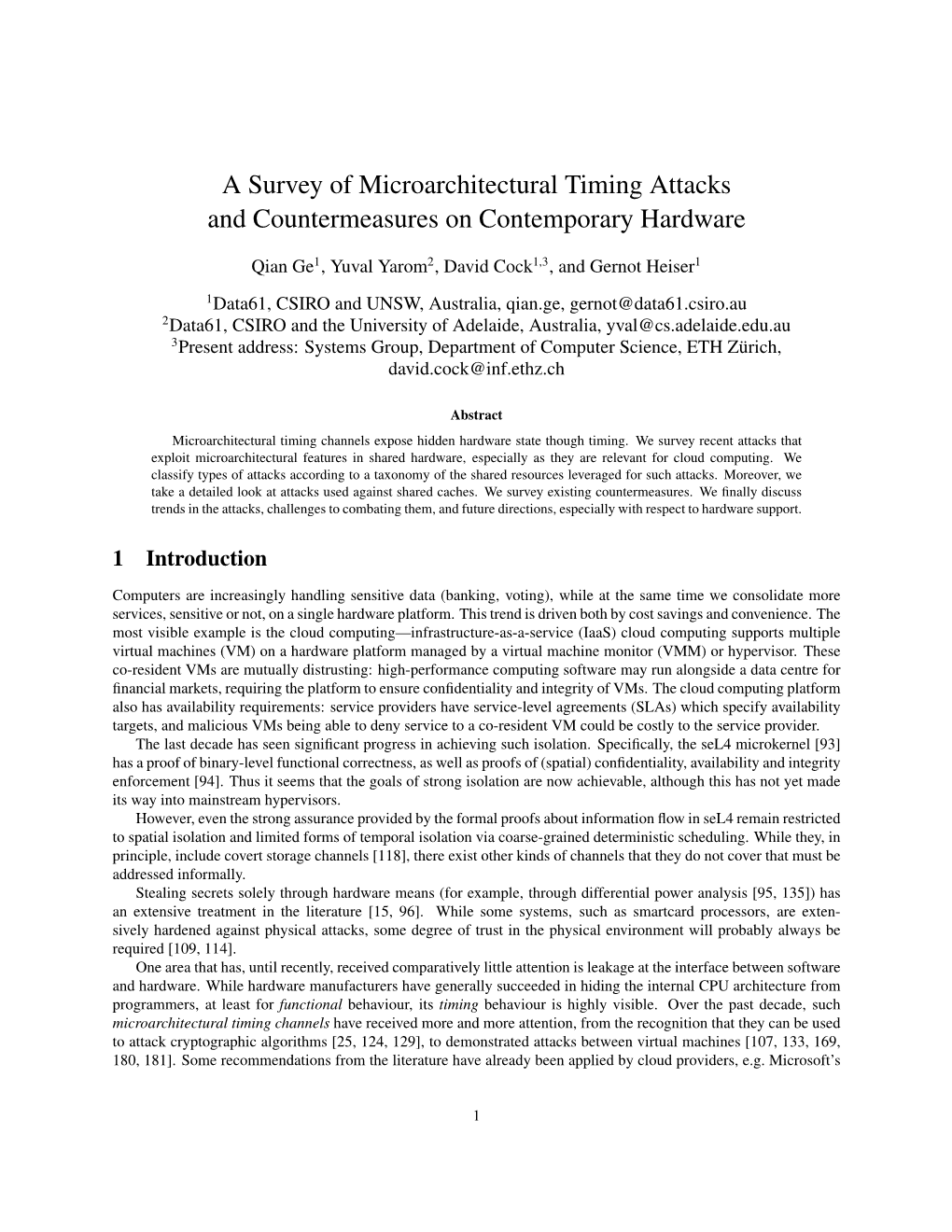A Survey of Microarchitectural Timing Attacks and Countermeasures on Contemporary Hardware