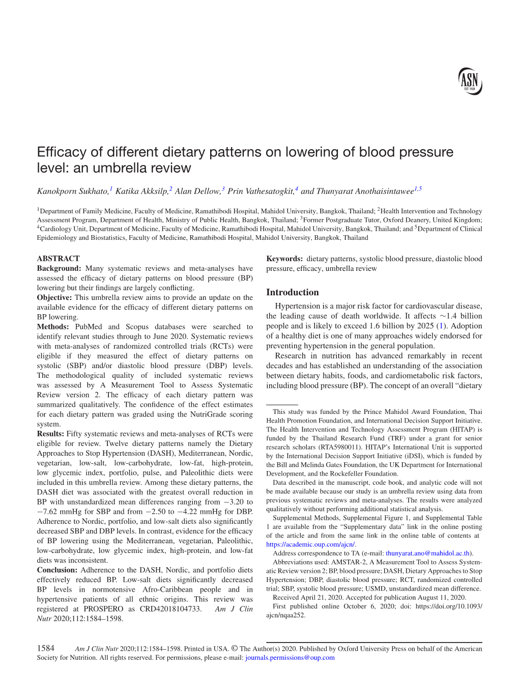 Efficacy of Different Dietary Patterns on Lowering of Blood Pressure Level: an Umbrella Review