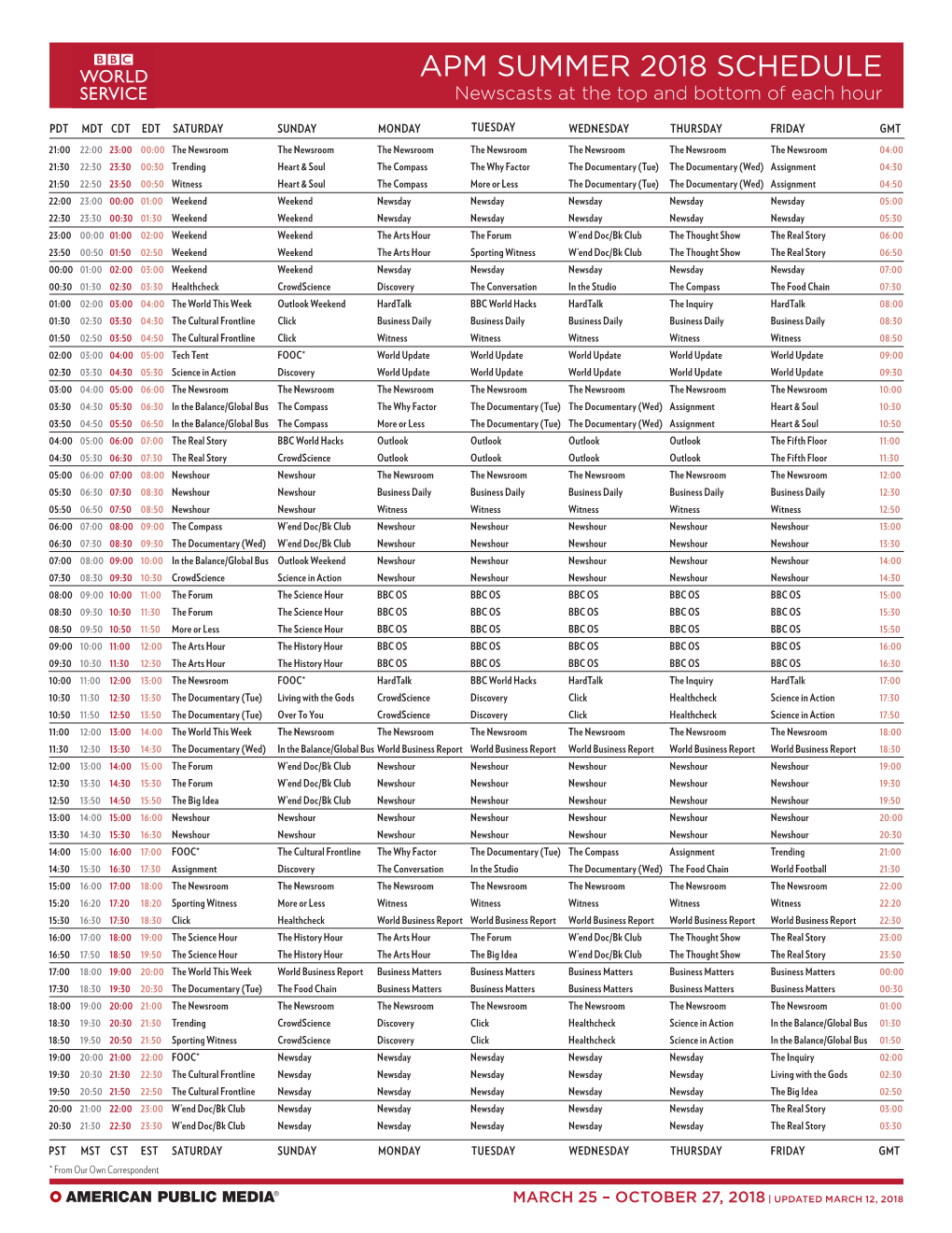 APM SUMMER 2018 SCHEDULE Newscasts at the Top and Bottom of Each Hour