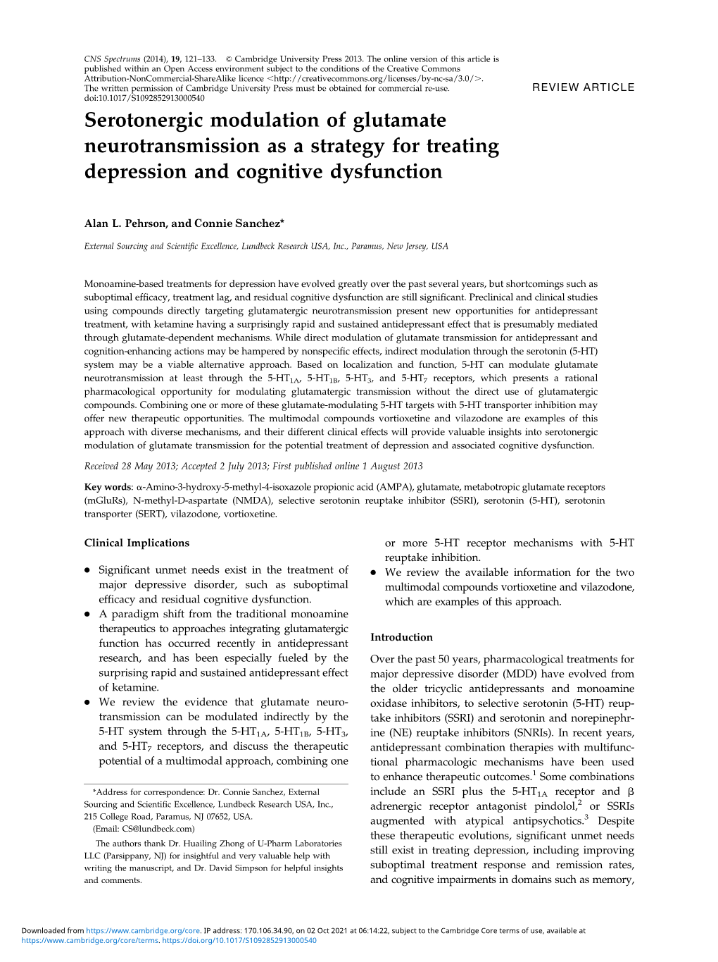 Serotonergic Modulation of Glutamate Neurotransmission As a Strategy for Treating Depression and Cognitive Dysfunction