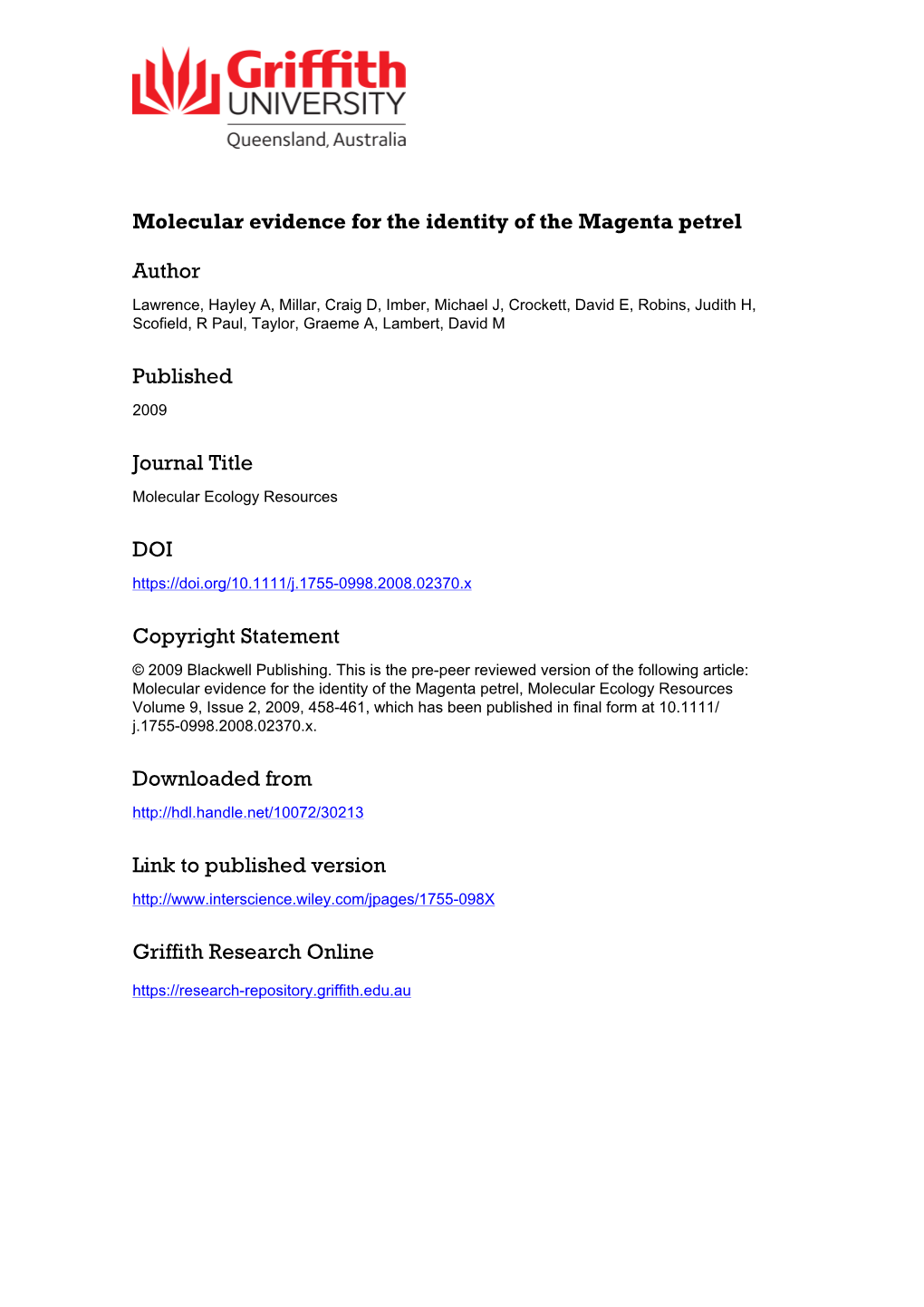 Molecular Evidence for the Identity of the Magenta Petrel