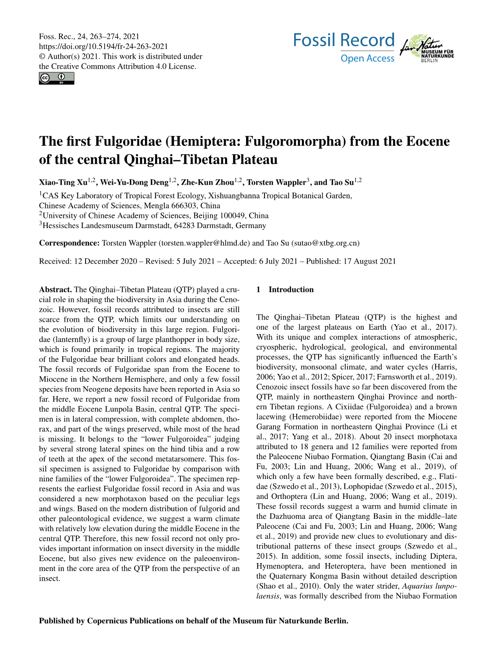 From the Eocene of the Central Qinghai–Tibetan Plateau