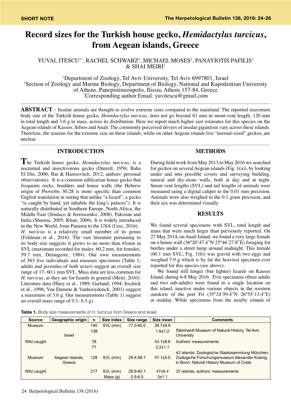 Record Sizes for the Turkish House Gecko, Hemidactylus Turcicus, from Aegean Islands, Greece