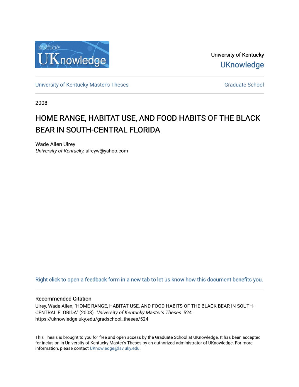 Home Range, Habitat Use, and Food Habits of the Black Bear in South-Central Florida