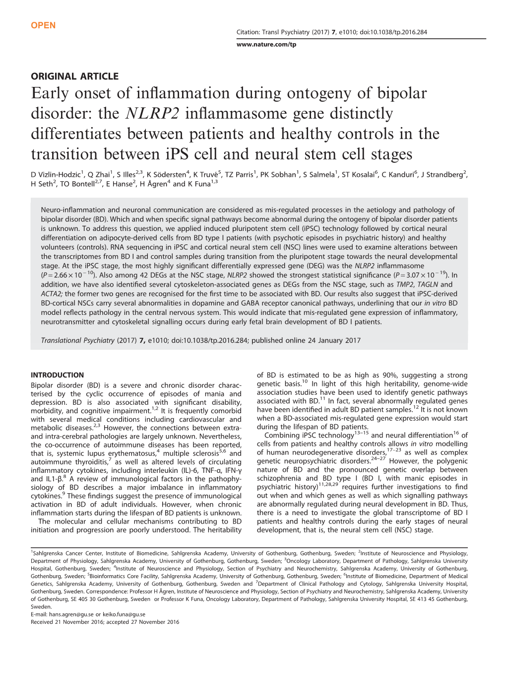 Early Onset of Inflammation During Ontogeny of Bipolar Disorder