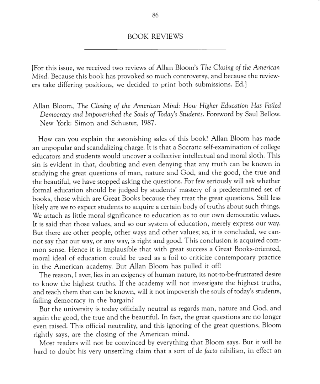 Allan Bloom, the Closing of the American Mind: How Higher Education Has Failed of All, a Pa' Democracy and Impoverished the Souls of Today's Students