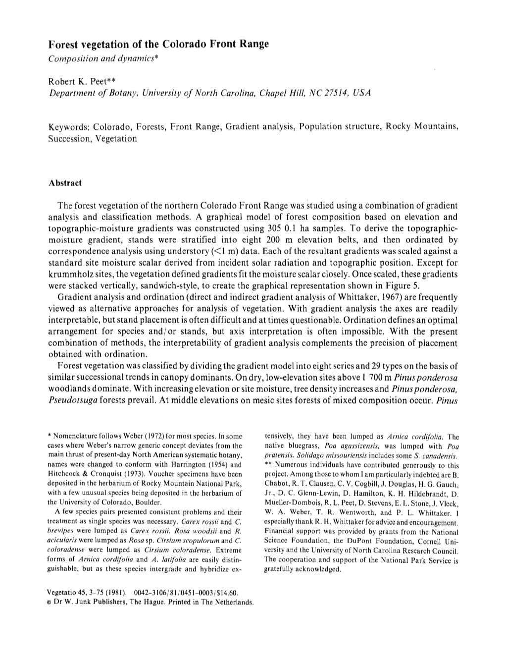 Forest Vegetation of the Colorado Front Range Composition and Dynamics*