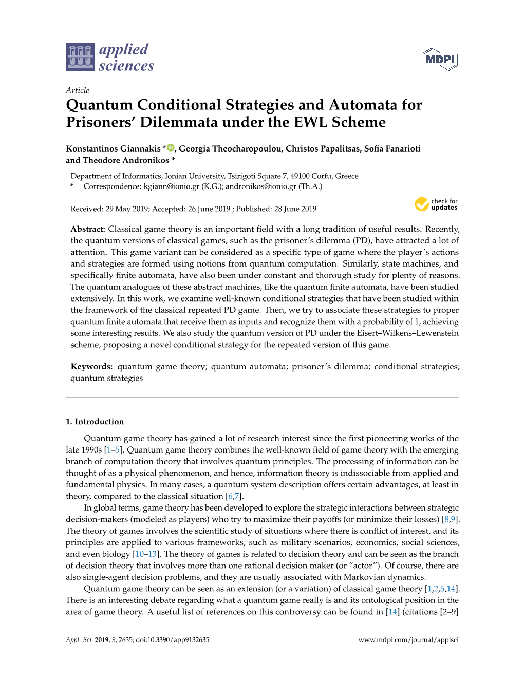 Quantum Conditional Strategies and Automata for Prisoners' Dilemmata Under the EWL Scheme