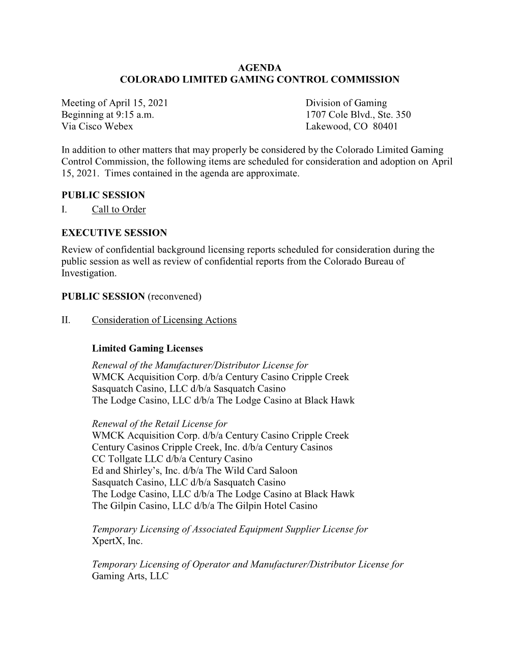 Agenda Colorado Limited Gaming Control Commission