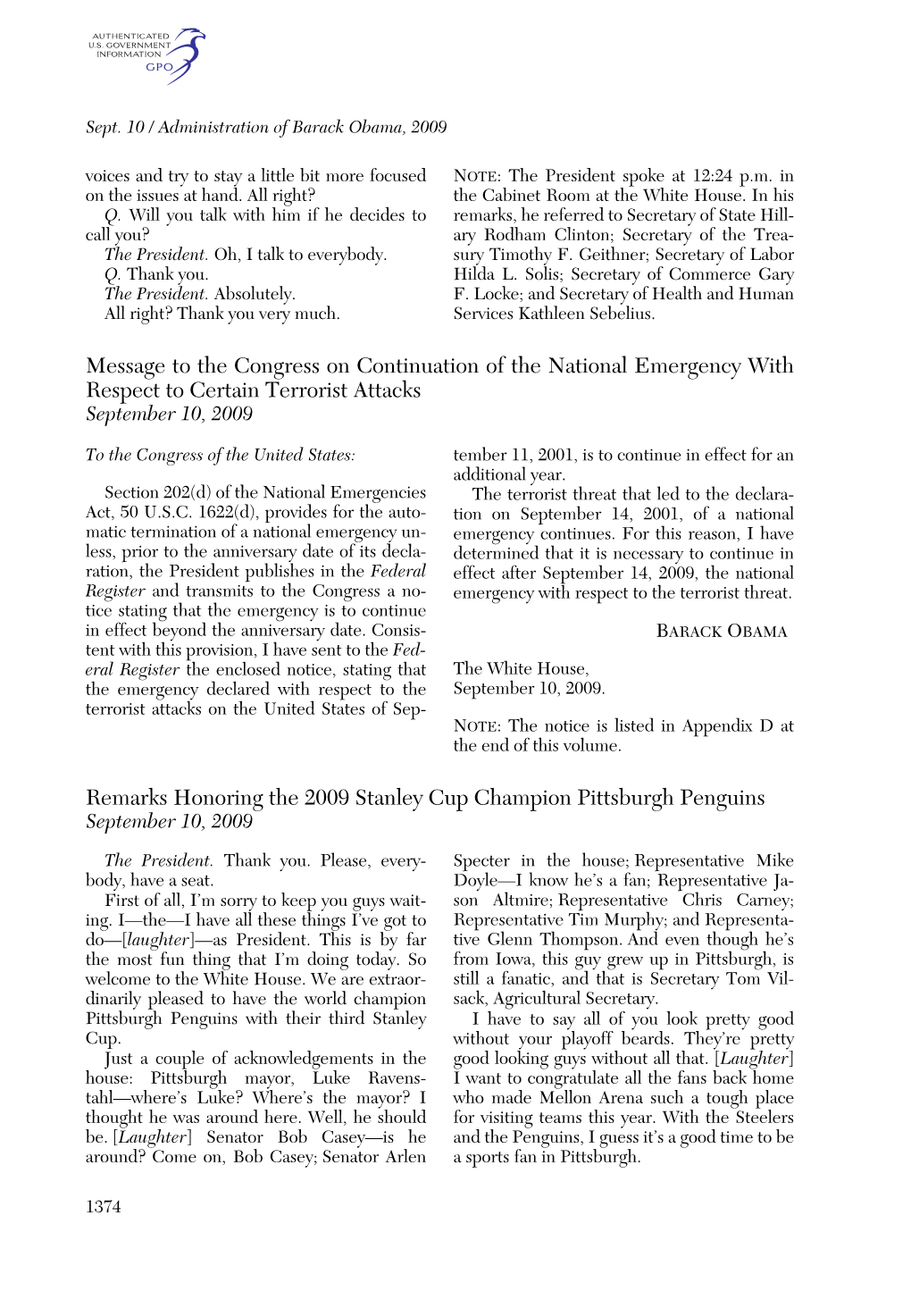 Message to the Congress on Continuation of the National Emergency with Respect to Certain Terrorist Attacks September 10, 2009