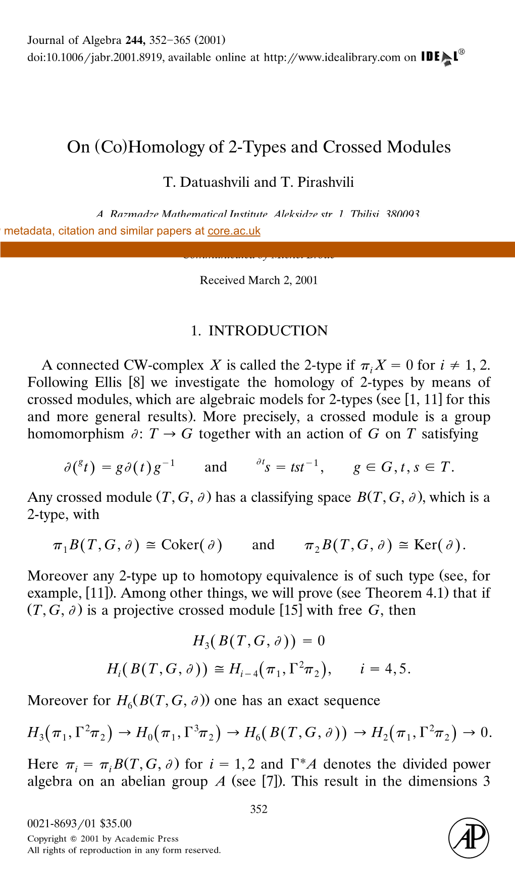 Homology of 2-Types and Crossed Modules