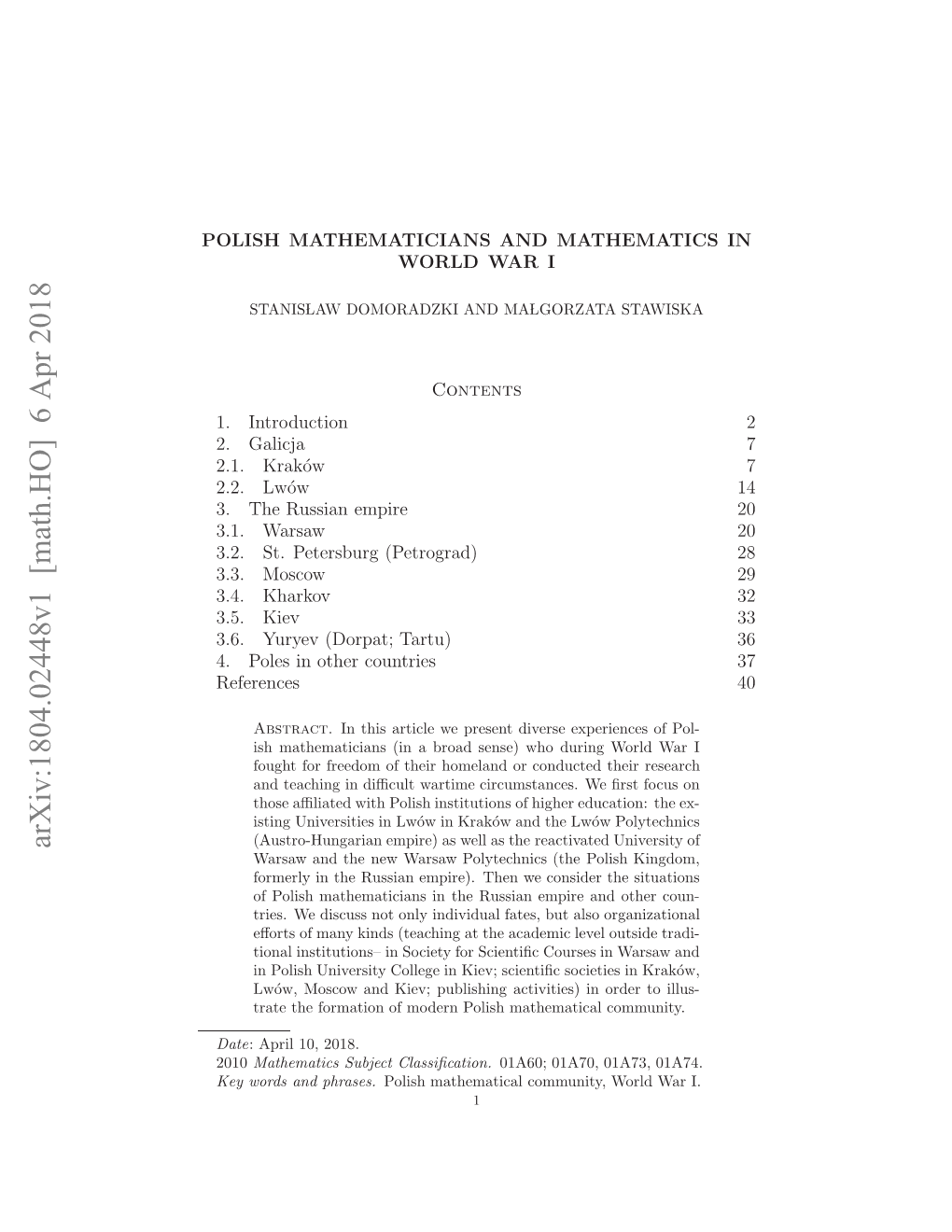 Arxiv:1804.02448V1 [Math.HO] 6 Apr 2018 OIHMTEAIIN N AHMTC in MATHEMATICS and MATHEMATICIANS POLISH E Od N Phrases