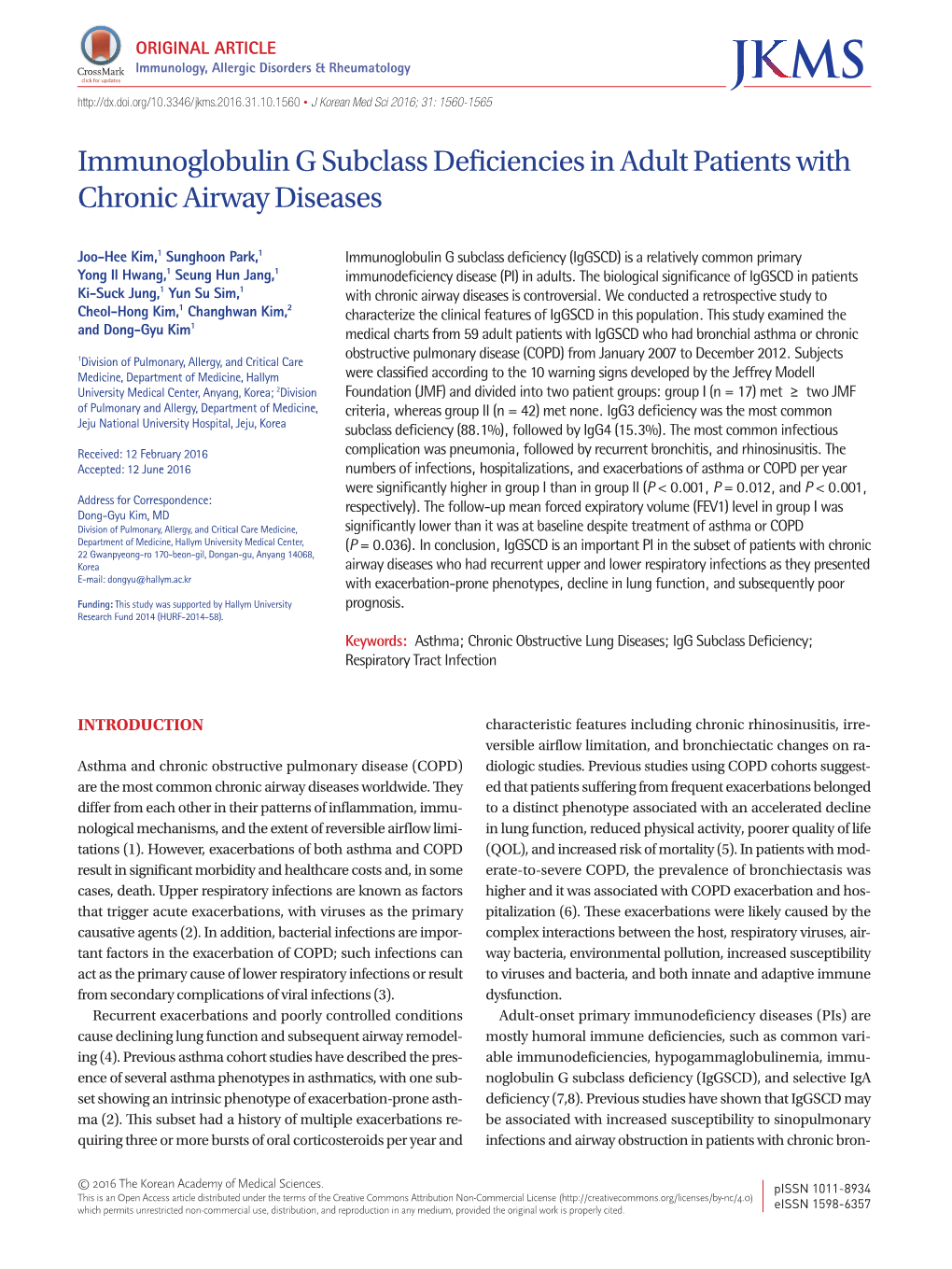 Immunoglobulin G Subclass Deficiencies in Adult Patients with Chronic Airway Diseases