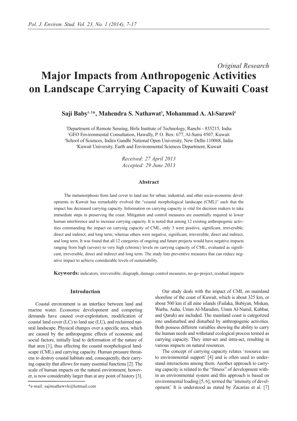 Major Impacts from Anthropogenic Activities on Landscape Carrying Capacity of Kuwaiti Coast