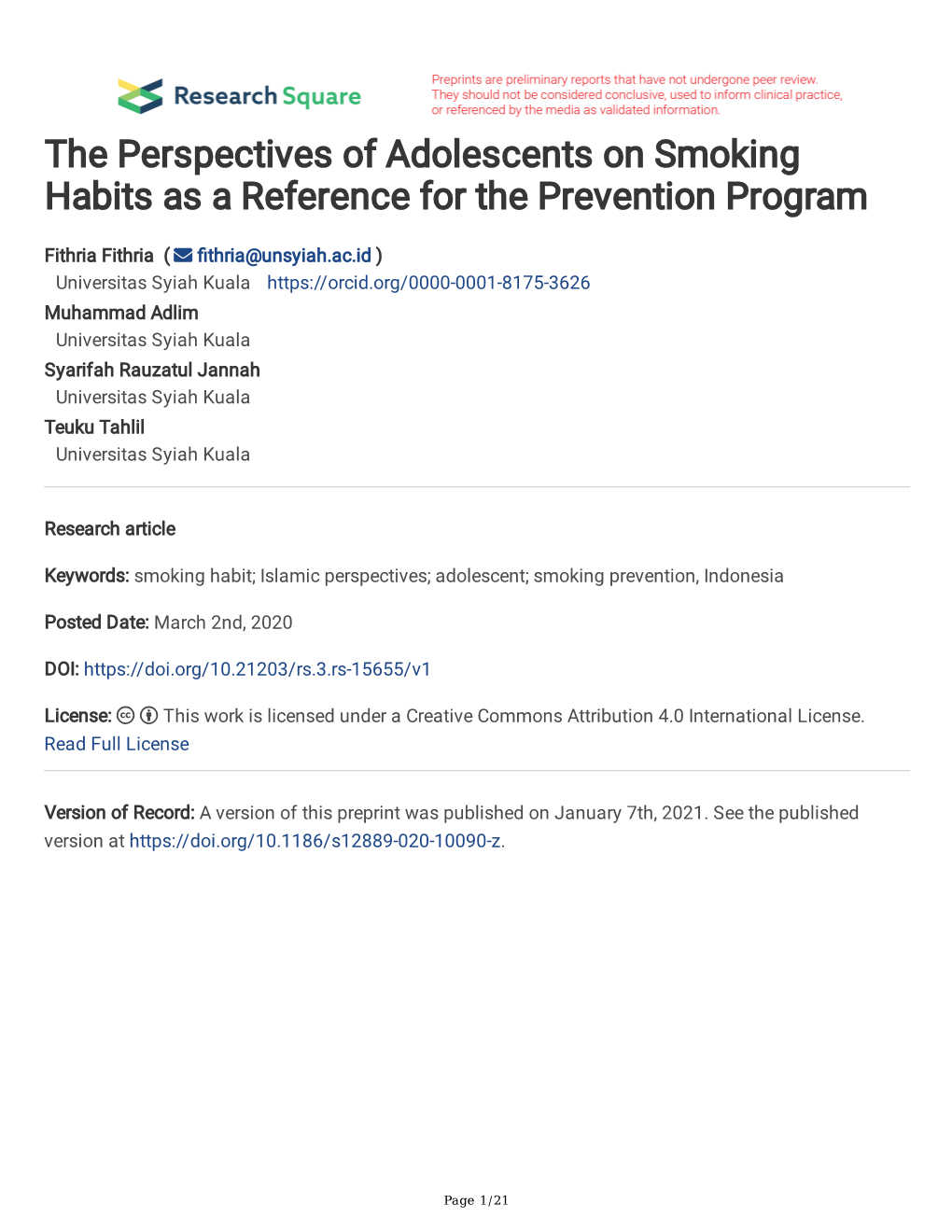 The Perspectives of Adolescents on Smoking Habits As a Reference for the Prevention Program