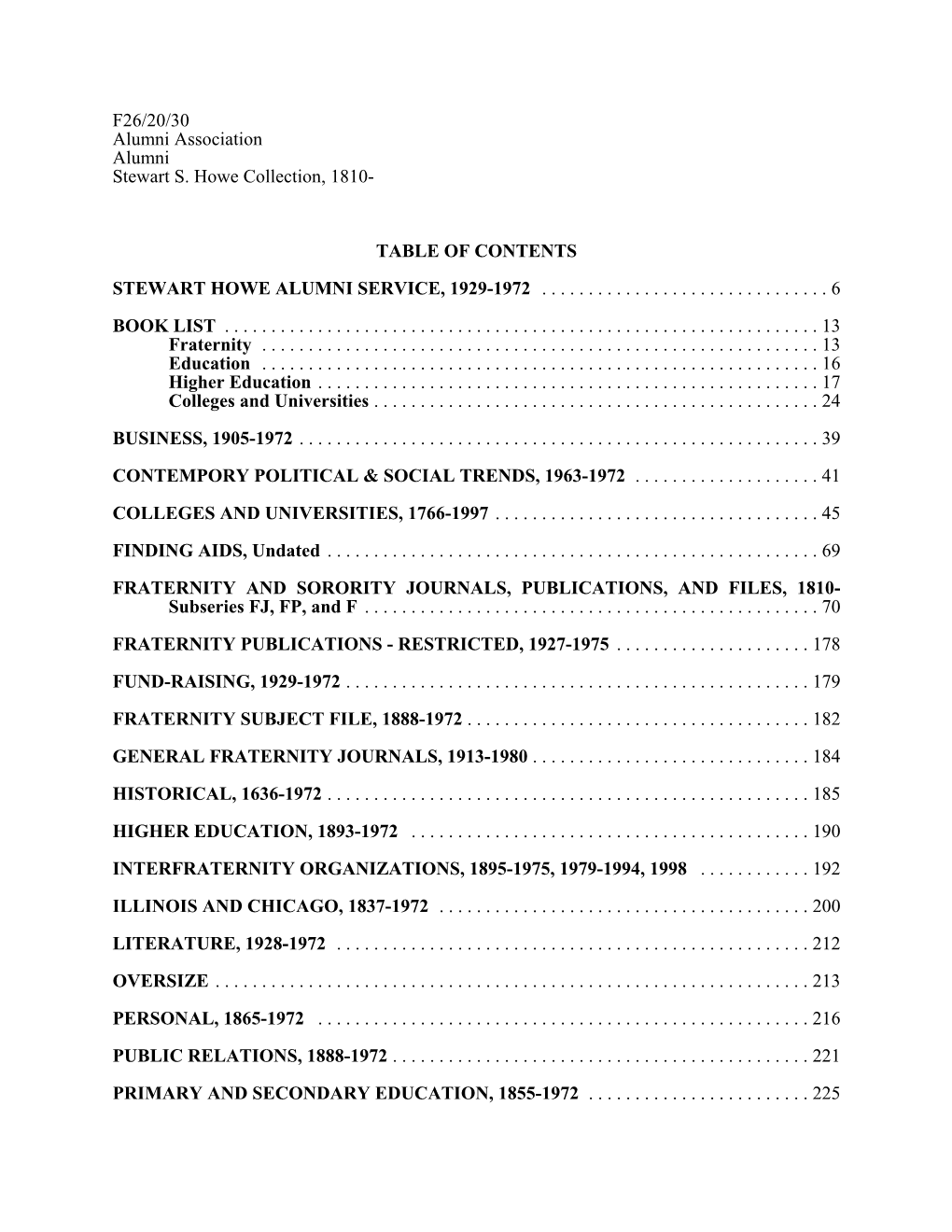 Table of Contents Stewart Howe Alumni Service, 1929