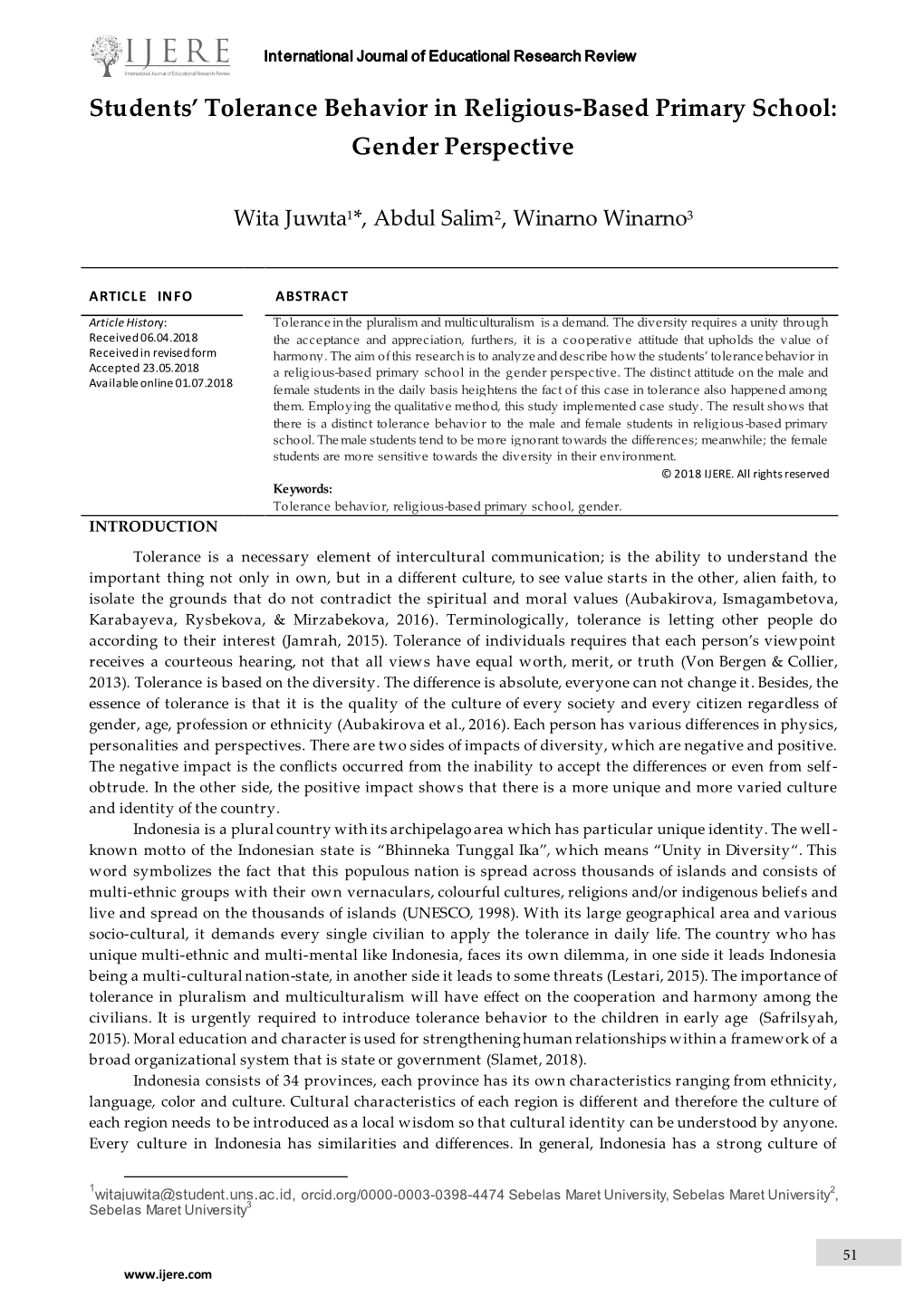 Students' Tolerance Behavior in Religious-Based Primary School