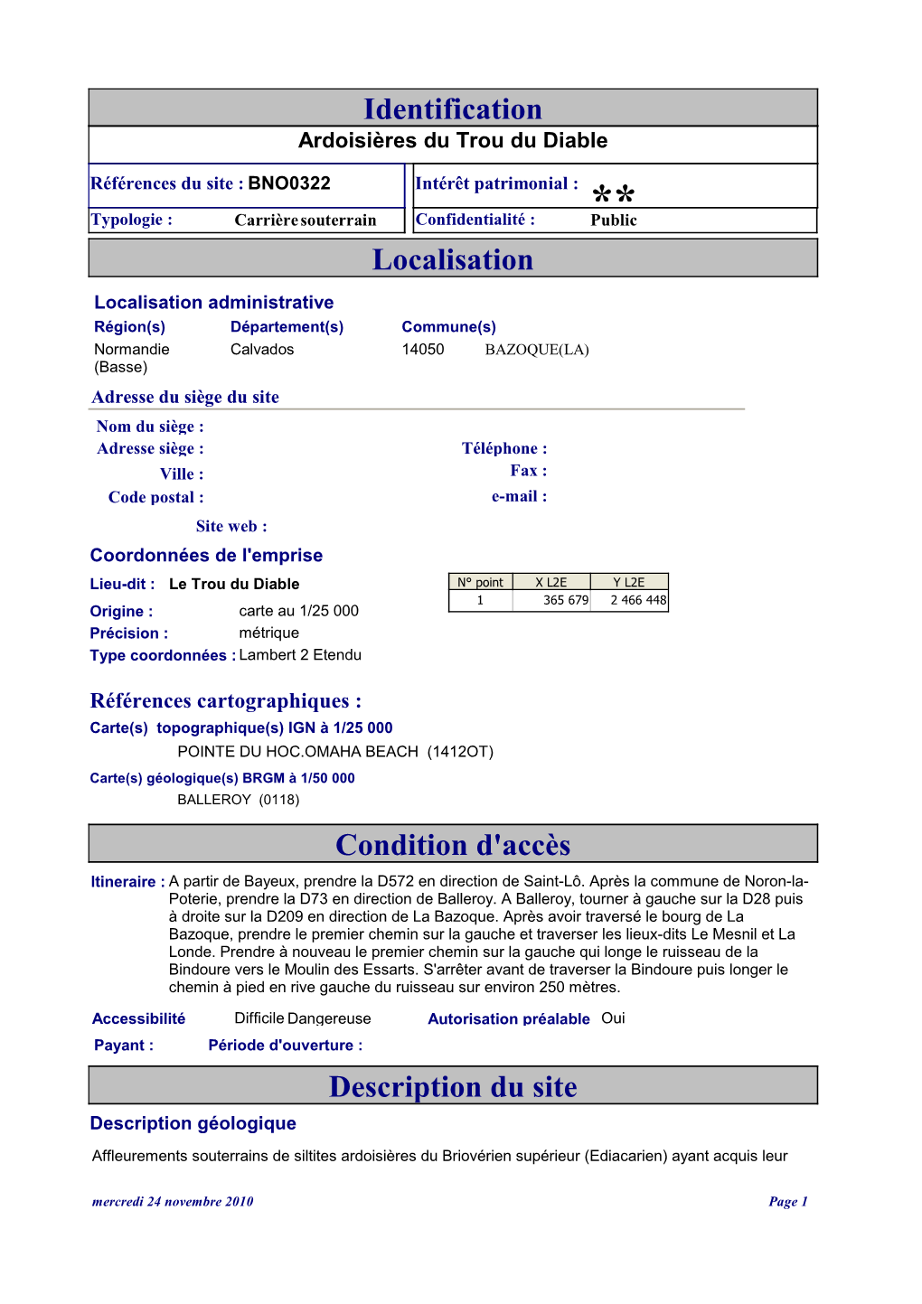 Localisation Condition D'accès Description Du Site Identification