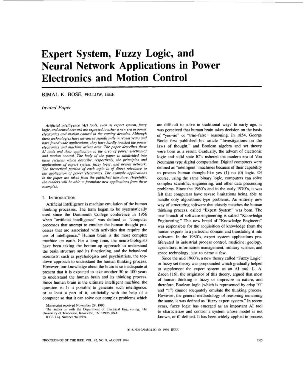 Expert System, Fuzzy Logic, and Neural Network Applications in Power Electronics and Motion Control