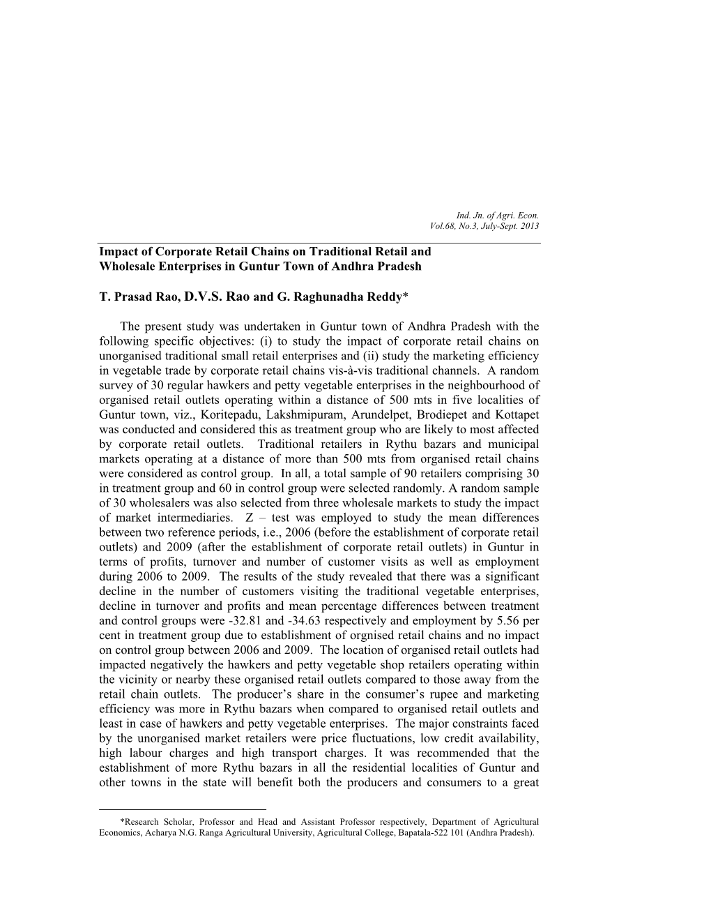 Impact of Corporate Retail Chains on Traditional Retail and Wholesale Enterprises in Guntur Town of Andhra Pradesh