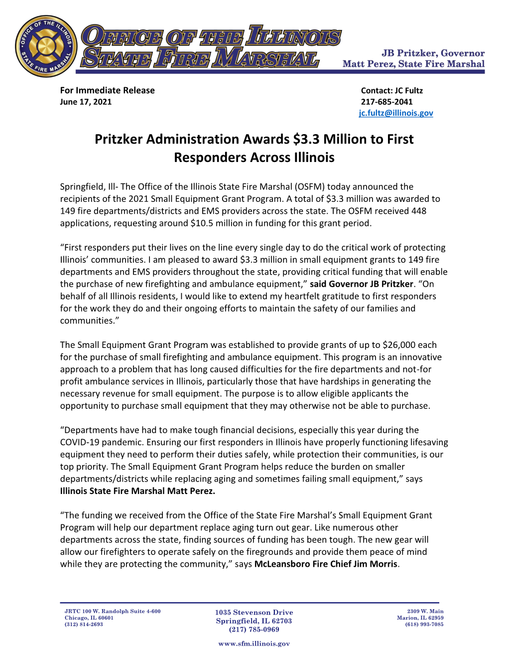 Pritzker Administration Awards $3.3 Million to First Responders Across Illinois