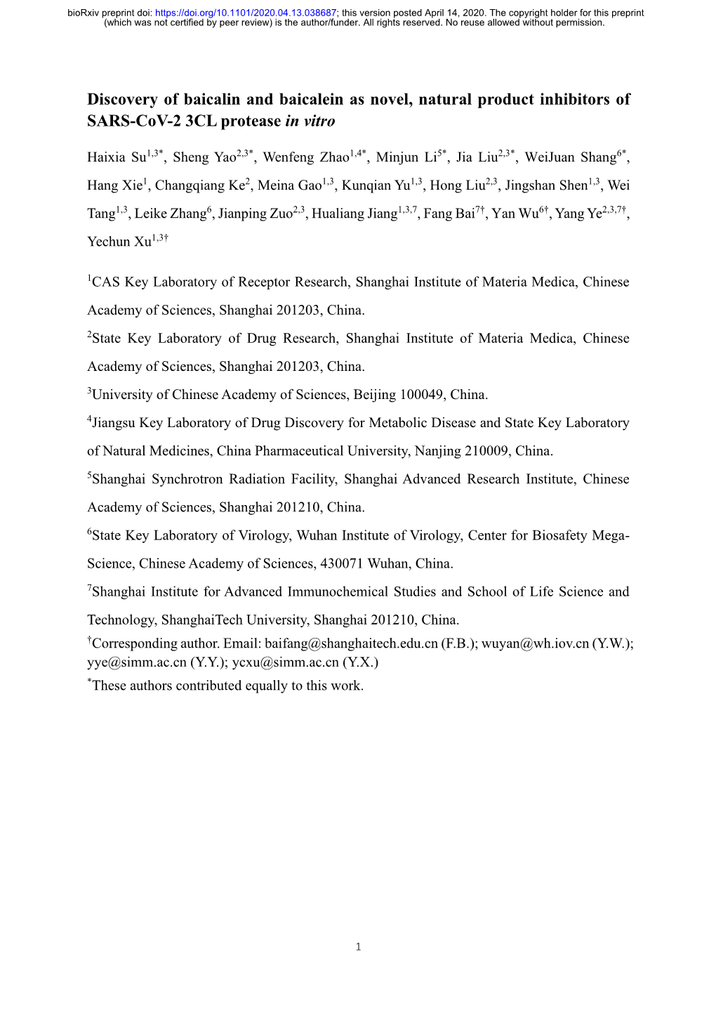 Discovery of Baicalin and Baicalein As Novel, Natural Product Inhibitors of SARS-Cov-2 3CL Protease in Vitro