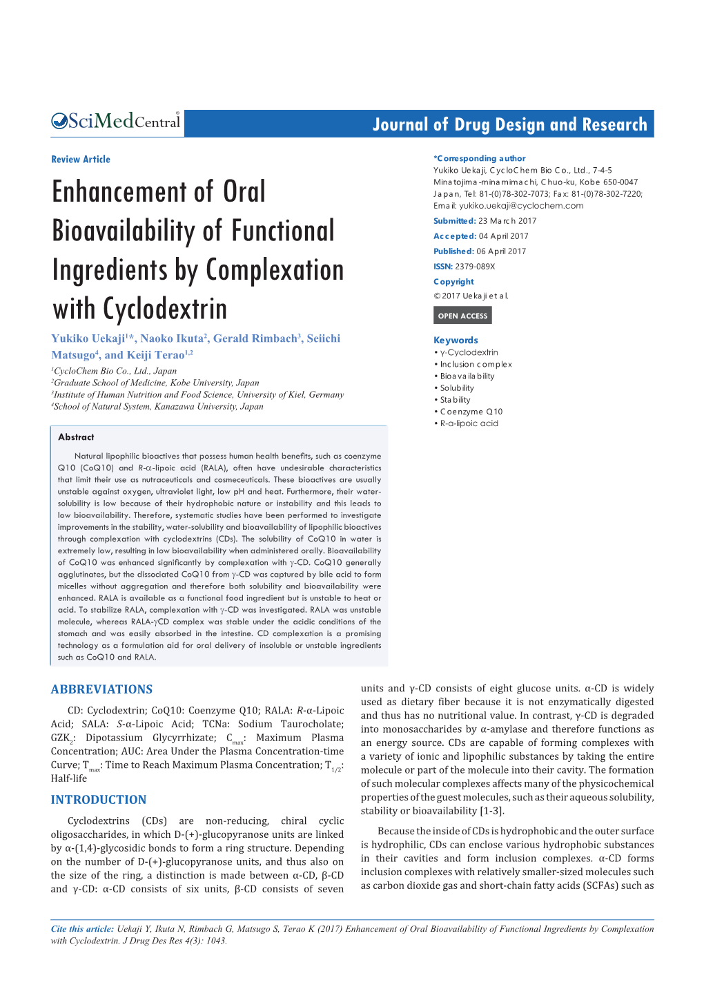 Enhancement of Oral Bioavailability of Functional Ingredients by Complexation with Cyclodextrin