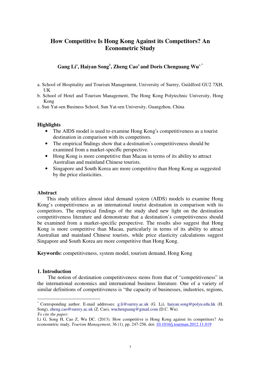 How Competitive Is Hong Kong Against Its Competitors? an Econometric Study