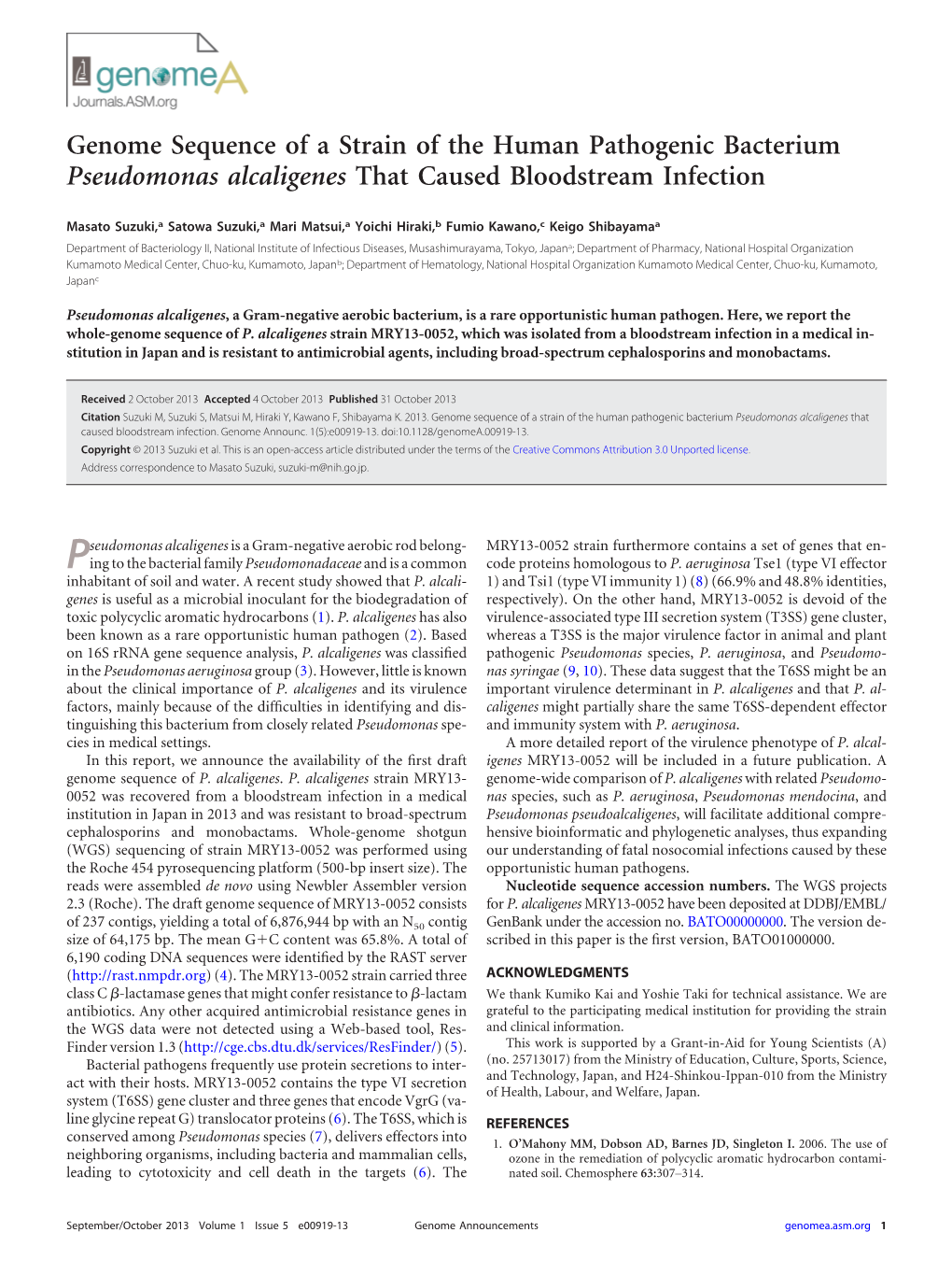 Genome Sequence of a Strain of the Human Pathogenic Bacterium Pseudomonas Alcaligenes That Caused Bloodstream Infection