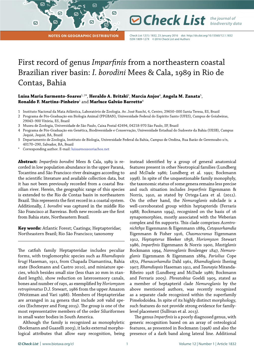 Imparfinis from a Northeastern Coastal Brazilian River Basin: I