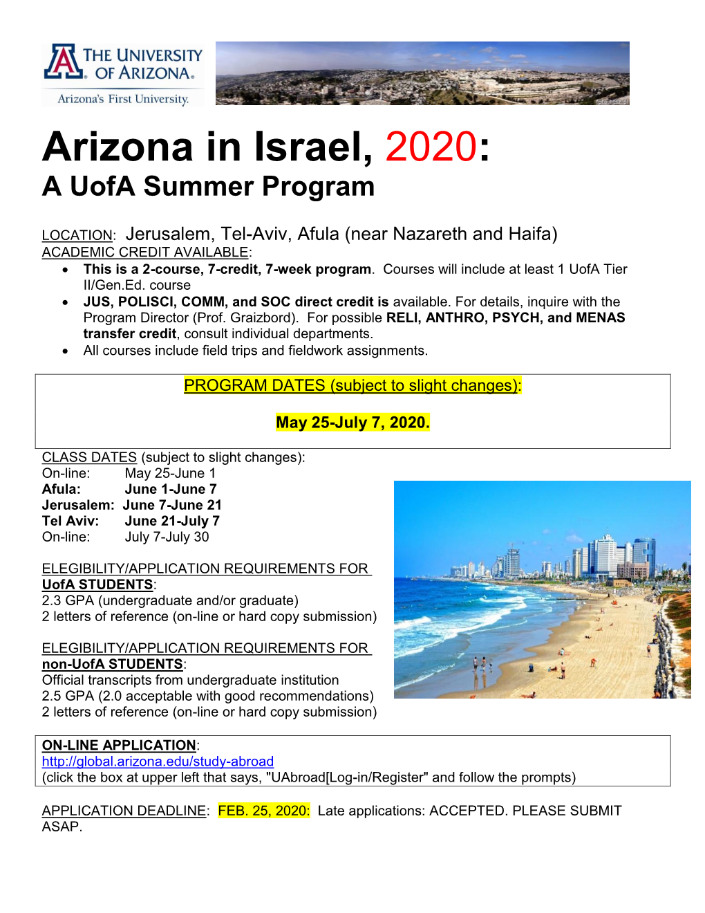 Arizona in Israel, 2020: a Uofa Summer Program