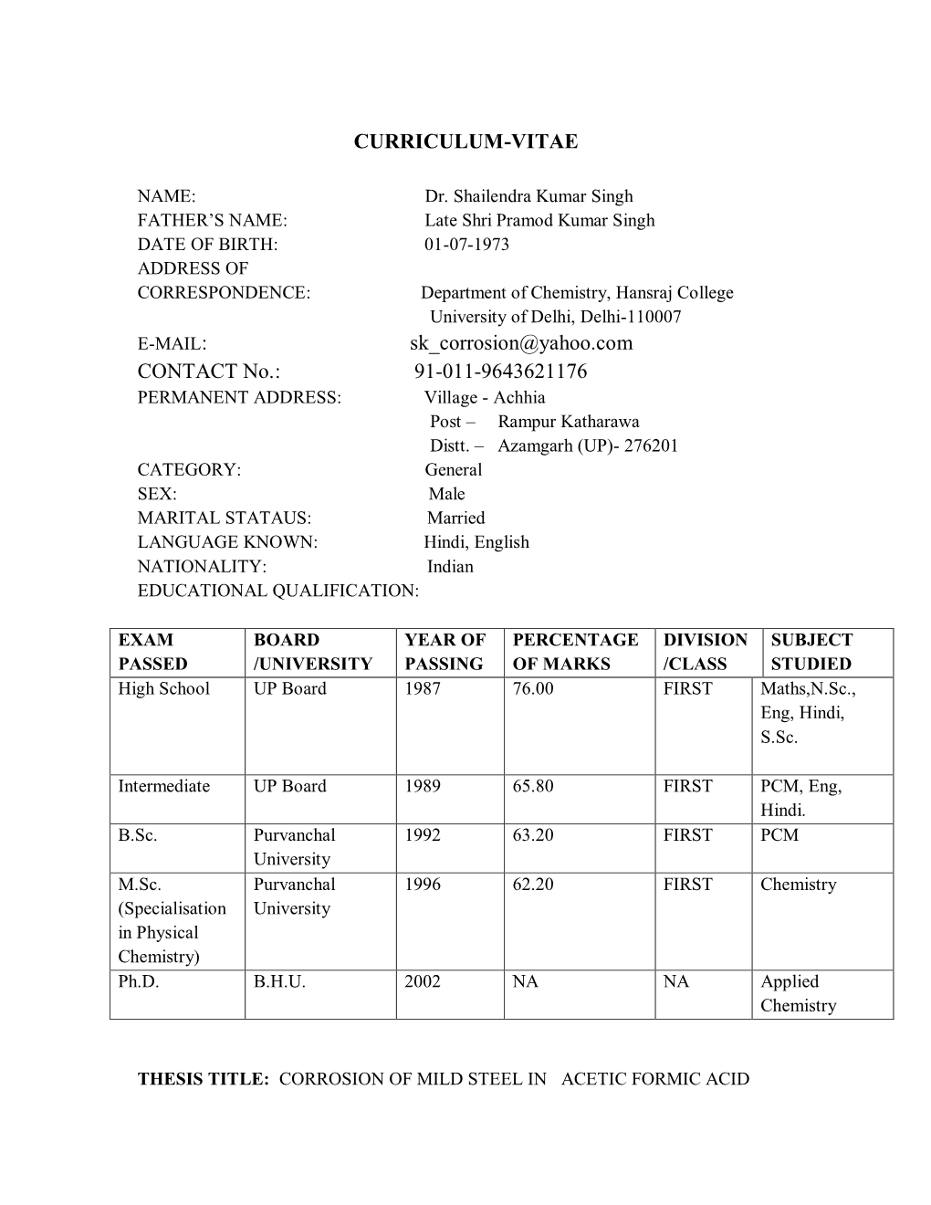 CURRICULUM-VITAE E-MAIL: Sk Corrosion