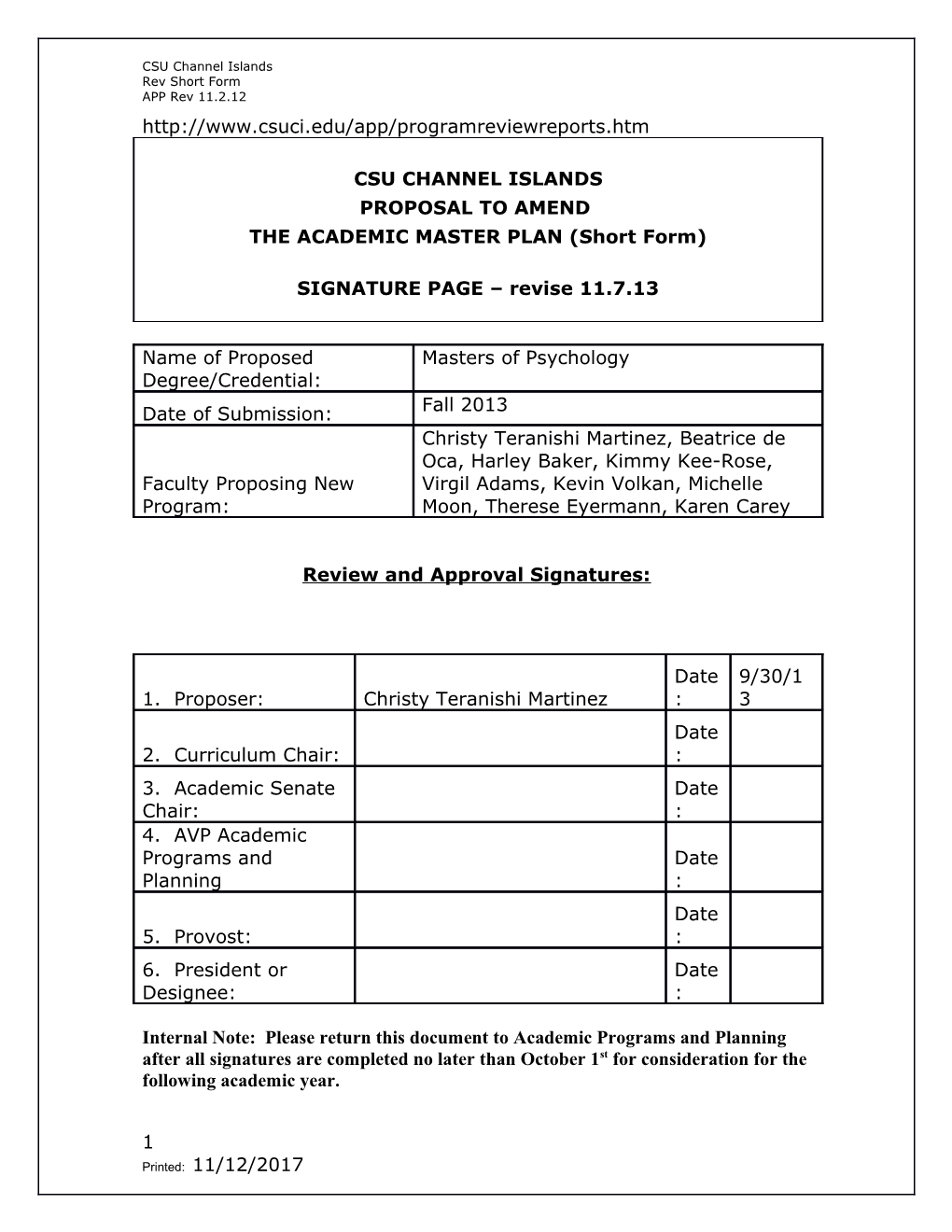 Proposal To Change The Academic Master Plan