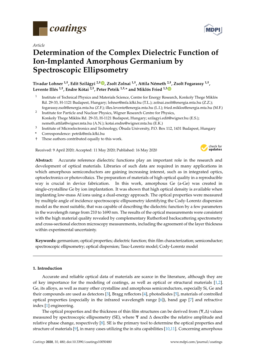 Determination of the Complex Dielectric Function of Ion-Implanted Amorphous Germanium by Spectroscopic Ellipsometry