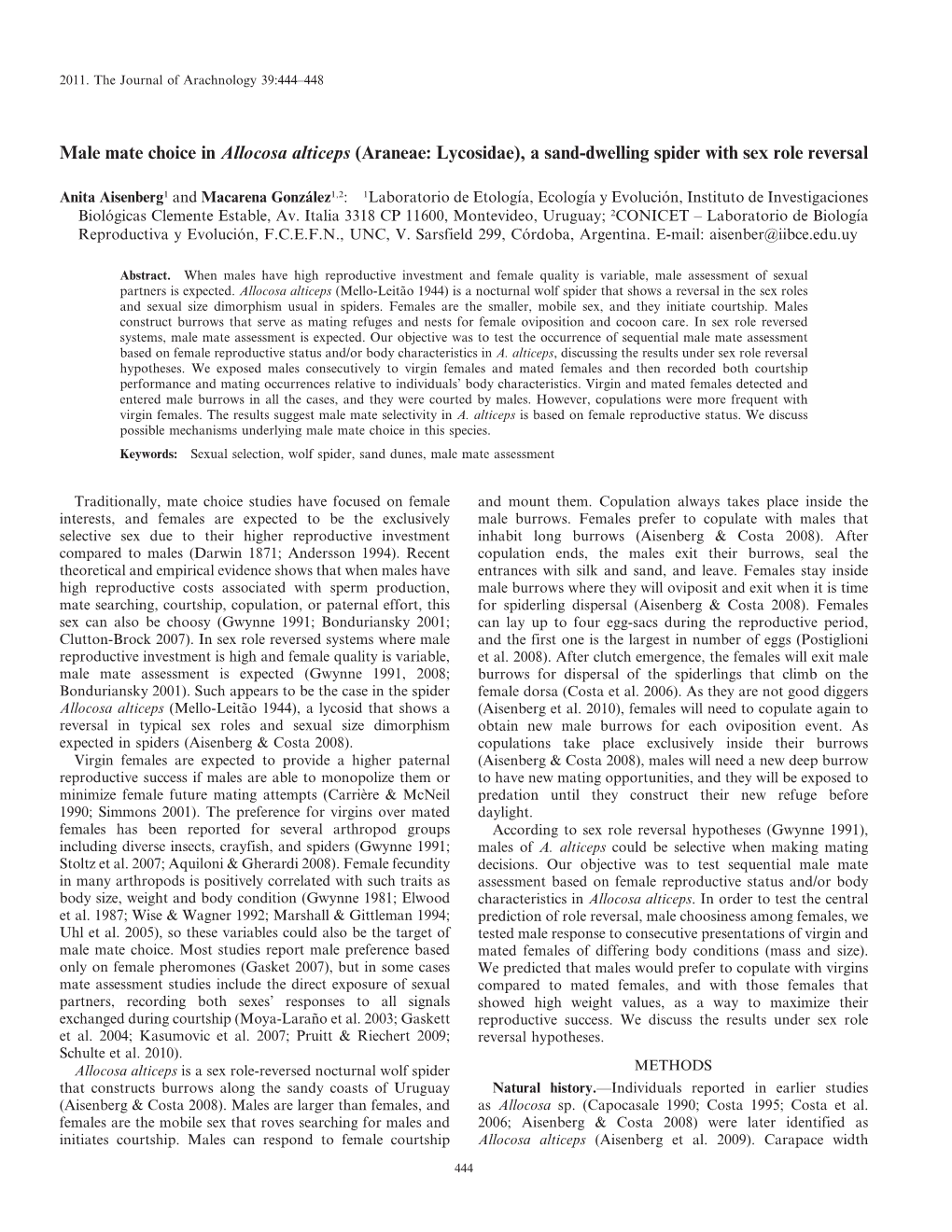 Male Mate Choice in Allocosa Alticeps (Araneae: Lycosidae), a Sand-Dwelling Spider with Sex Role Reversal