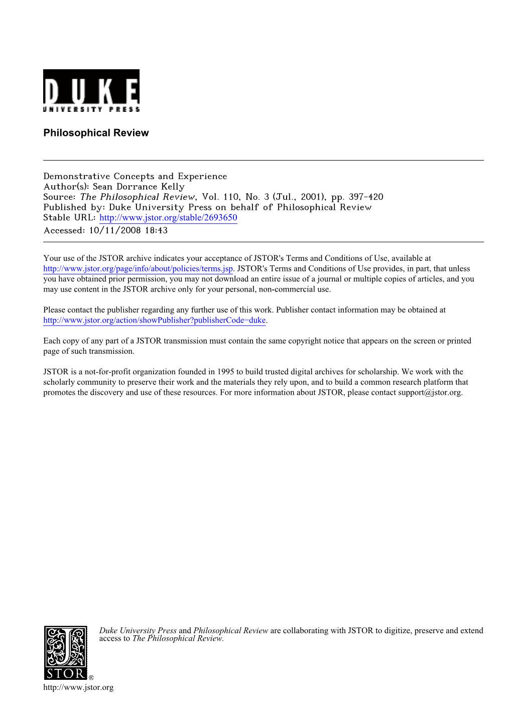 Demonstrative Concepts and Experience Author(S): Sean Dorrance Kelly Source: the Philosophical Review, Vol