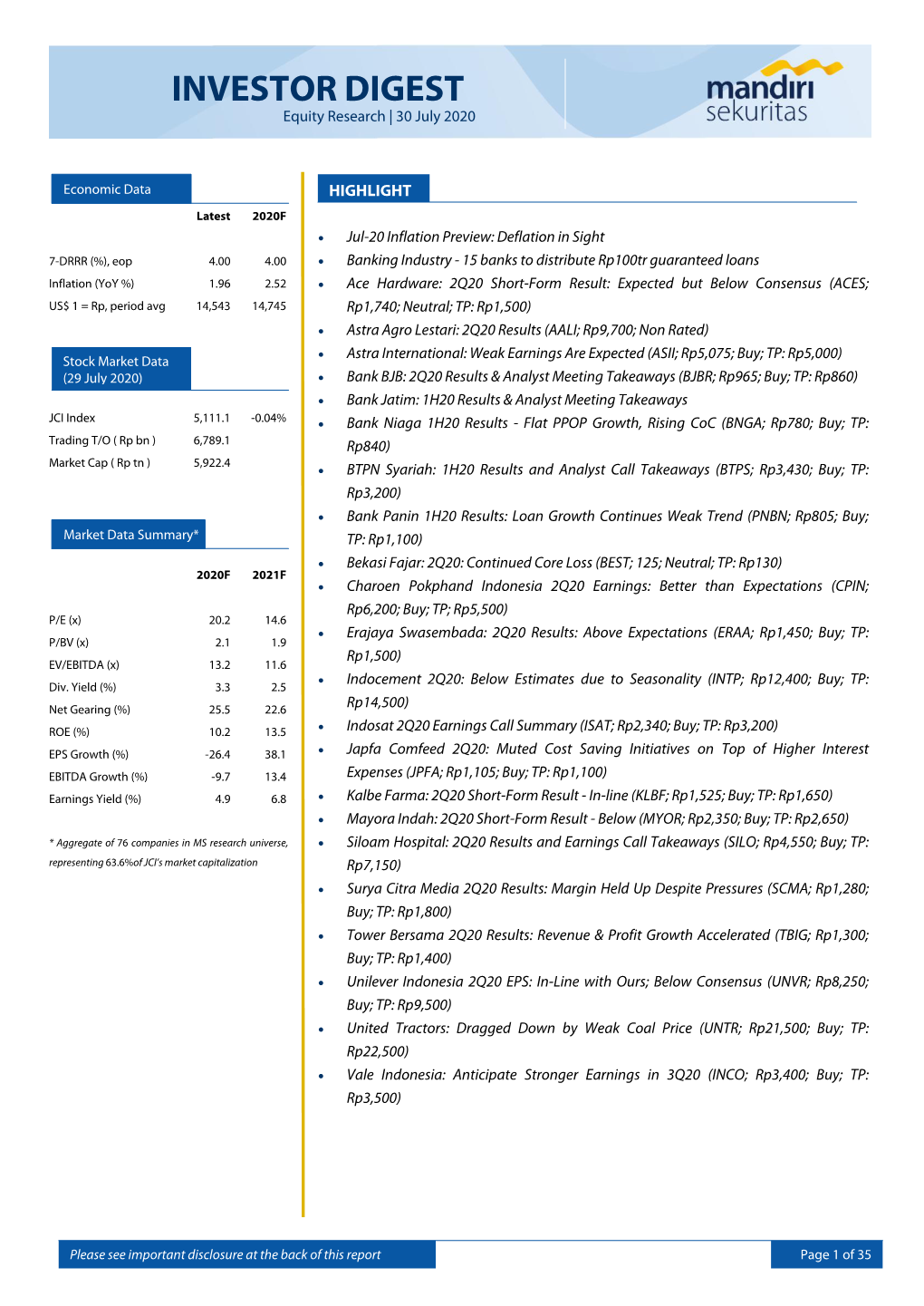 INVESTOR DIGEST Equity Research | 30 July 2020