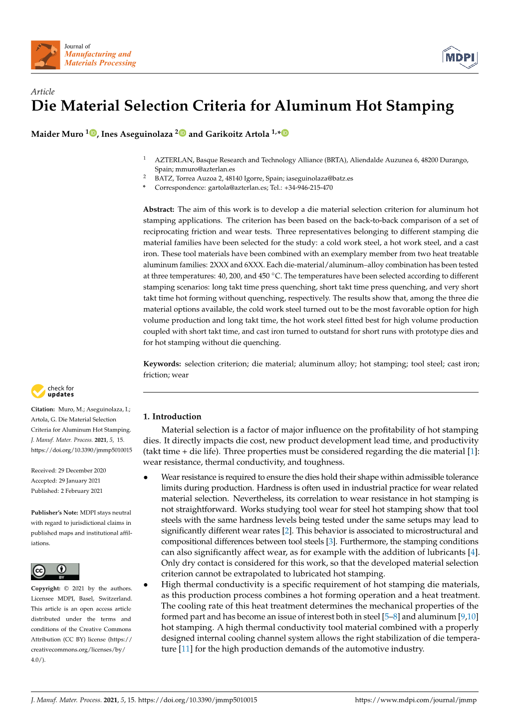 Die Material Selection Criteria for Aluminum Hot Stamping