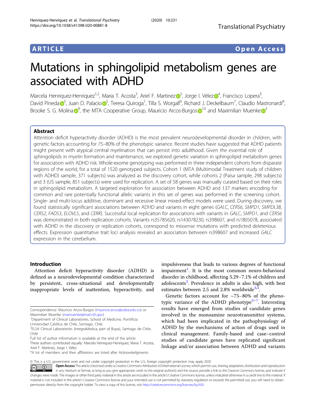 Mutations in Sphingolipid Metabolism Genes Are Associated with ADHD Marcela Henriquez-Henriquez1,2,Mariat.Acosta3, Ariel F