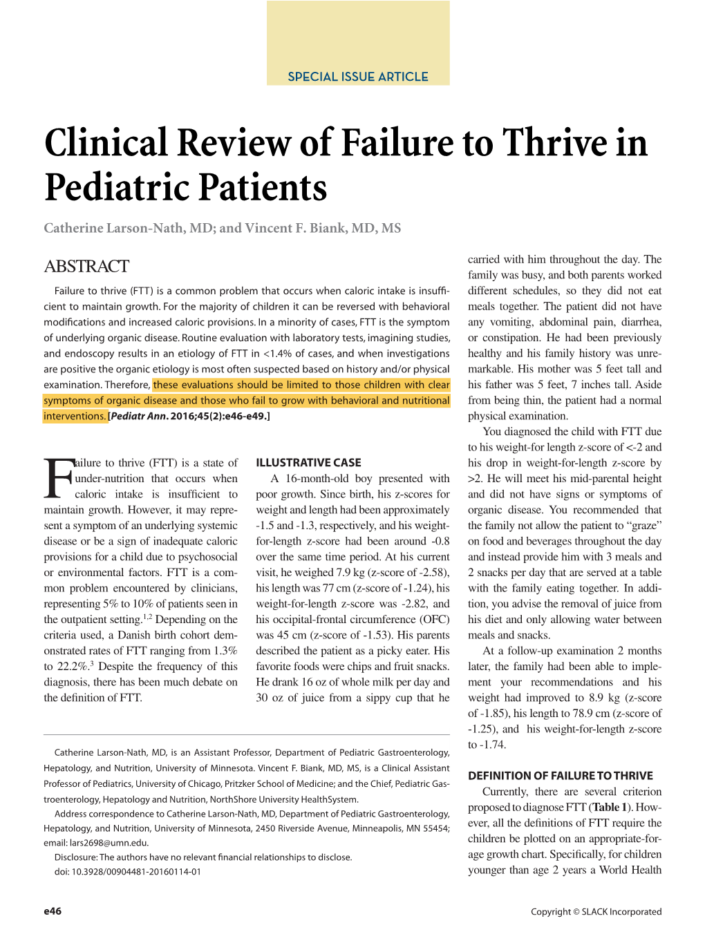 Clinical Review of Failure to Thrive in Pediatric Patients Catherine Larson-Nath, MD; and Vincent F