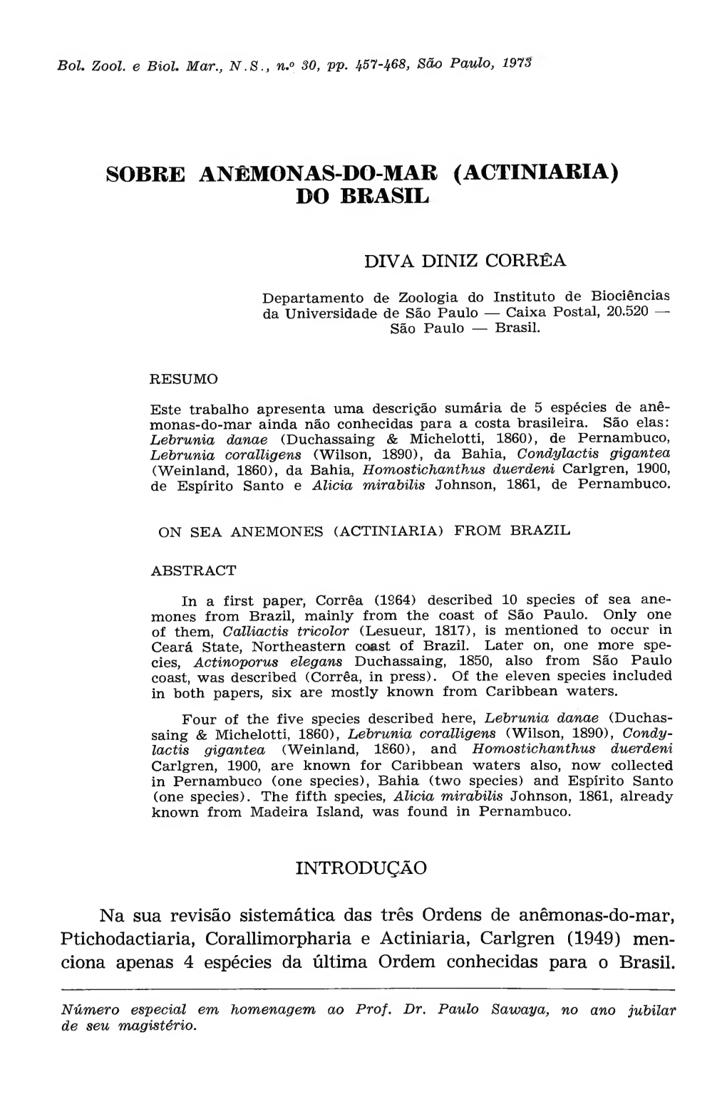 Sobre Anêmonas-Do-Mar (Actiniaria) Bo Brasil