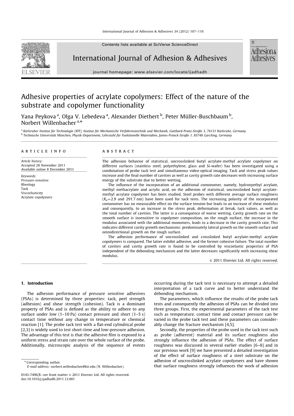 Adhesive Properties of Acrylate Copolymers: Effect of the Nature of the Substrate and Copolymer Functionality