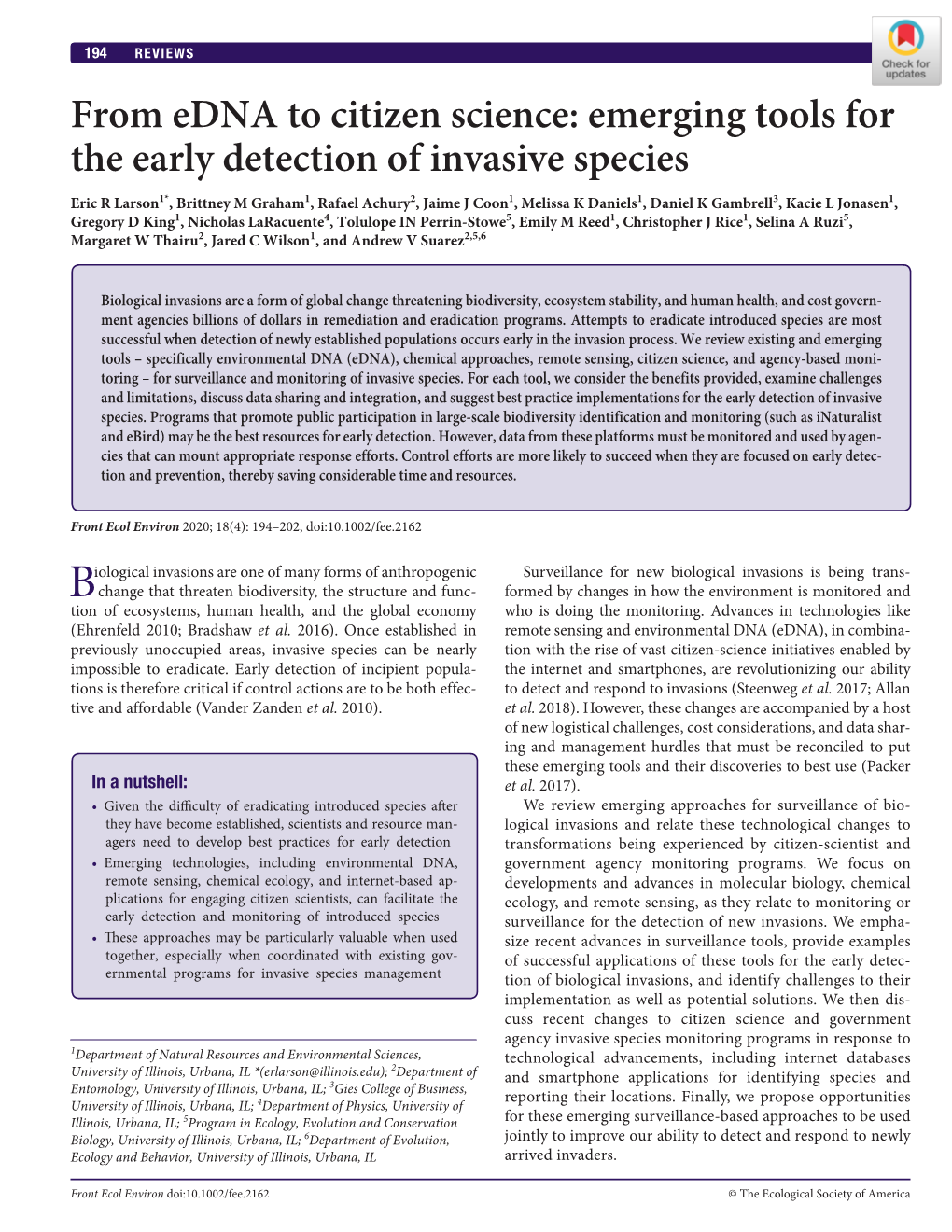 From Edna to Citizen Science: Emerging Tools for the Early Detection of Invasive Species
