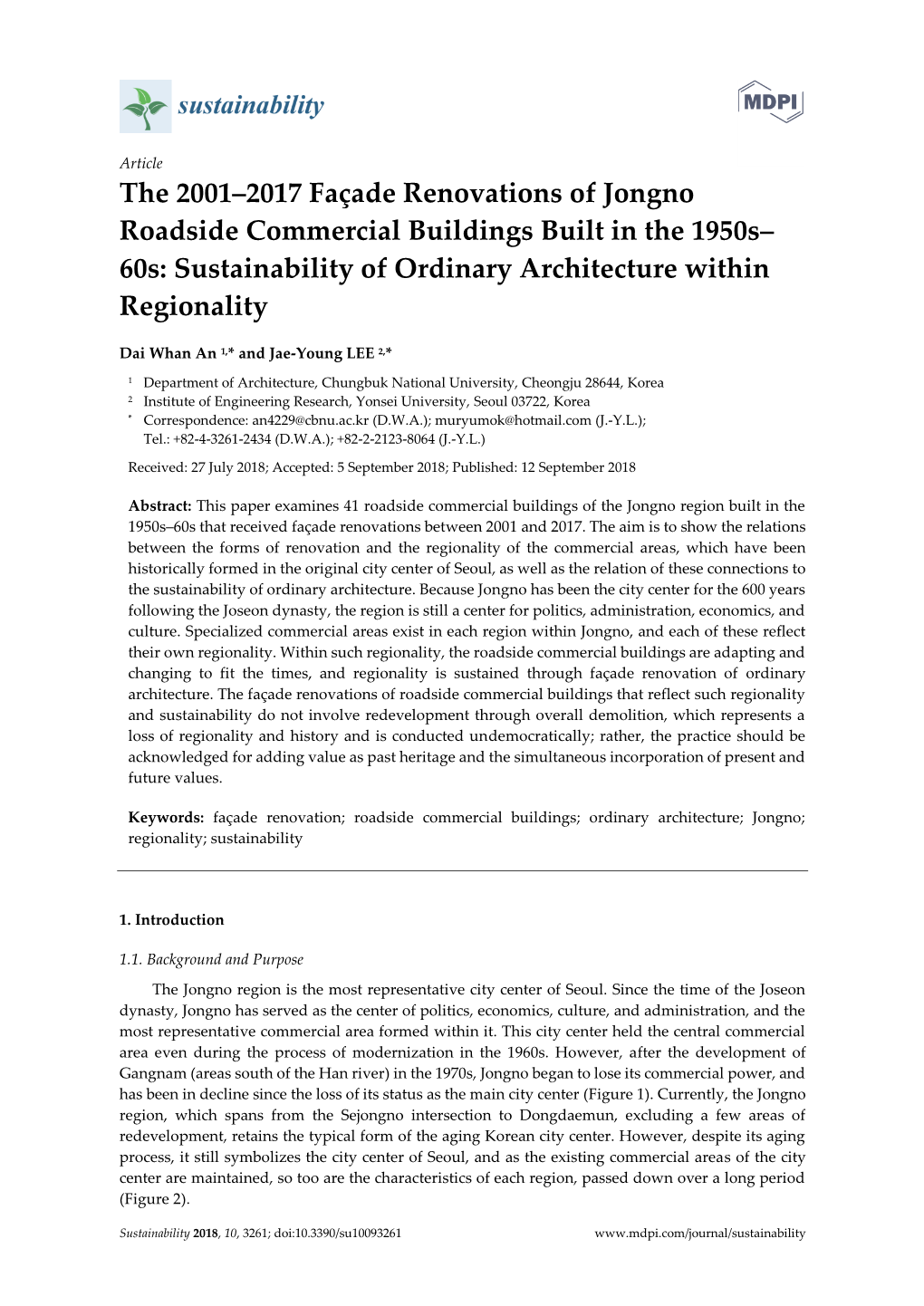 The 2001–2017 Façade Renovations of Jongno Roadside Commercial Buildings Built in the 1950S– 60S: Sustainability of Ordinary Architecture Within Regionality