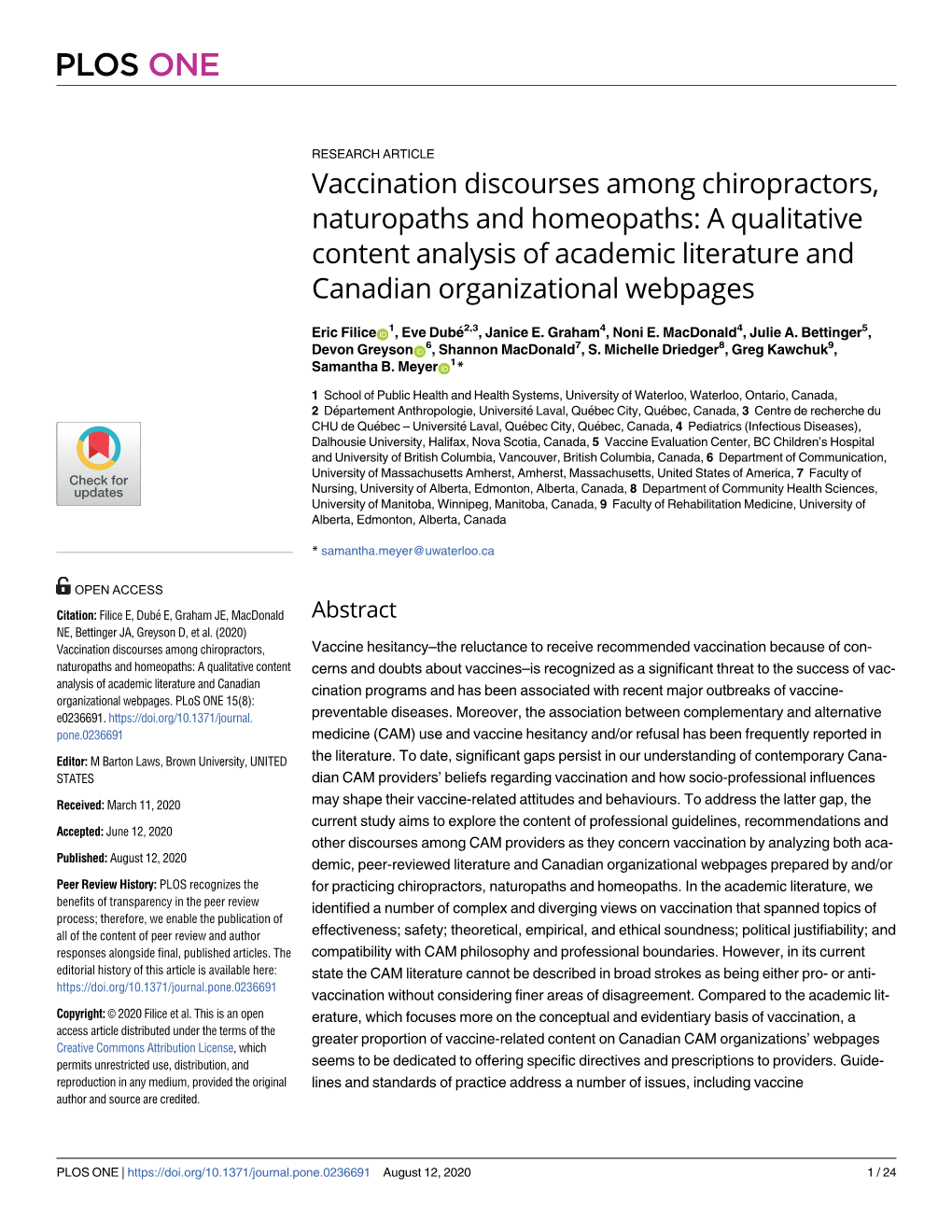 Vaccination Discourses Among Chiropractors, Naturopaths and Homeopaths: a Qualitative Content Analysis of Academic Literature and Canadian Organizational Webpages