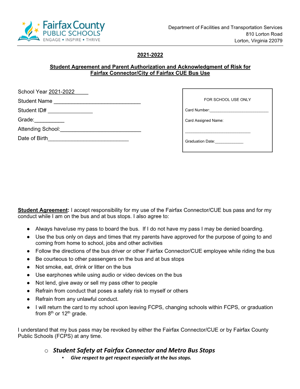 Free Student Bus Pass Program Permission Form